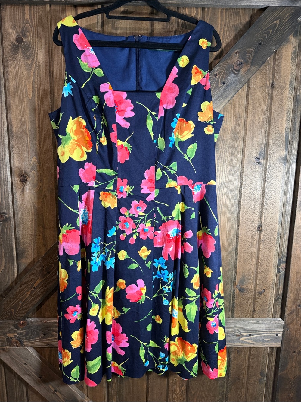 Lauren Ralph Lauren Navy Floral Midi Dress with Bright Multicolor Blooms